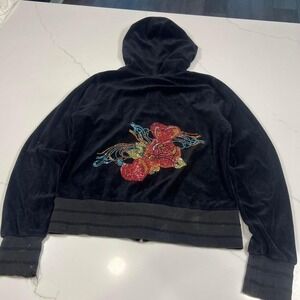 Romeo & Juliet Couture Black Velour Rhinestone Rose Heart Y2K Zip Up Hoodie XL
